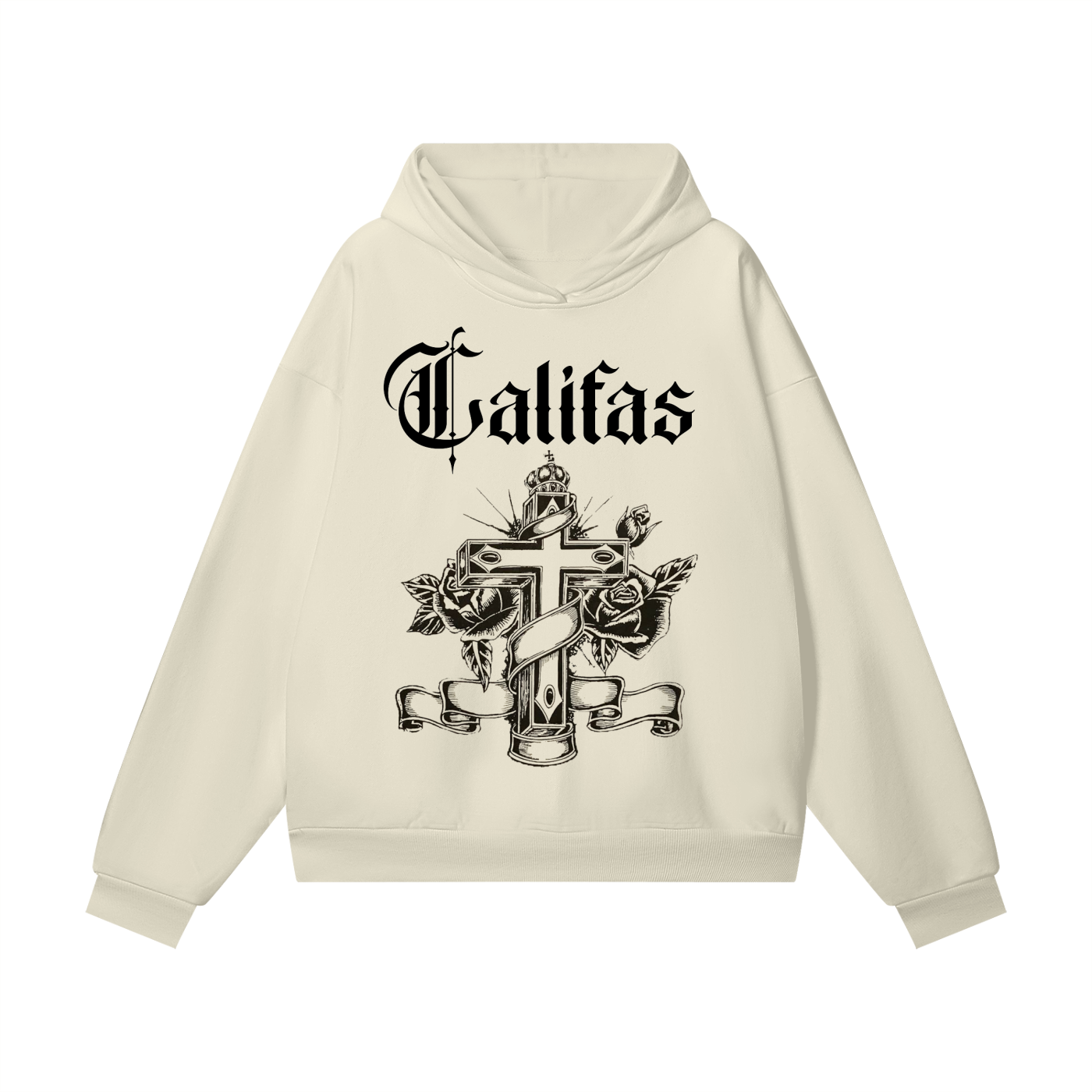 Beige chicano style hoodie with black graphic of cross and virgin mary, 'Califas' text on a white background-premium chicano clothing by sleepy lagoon co.
