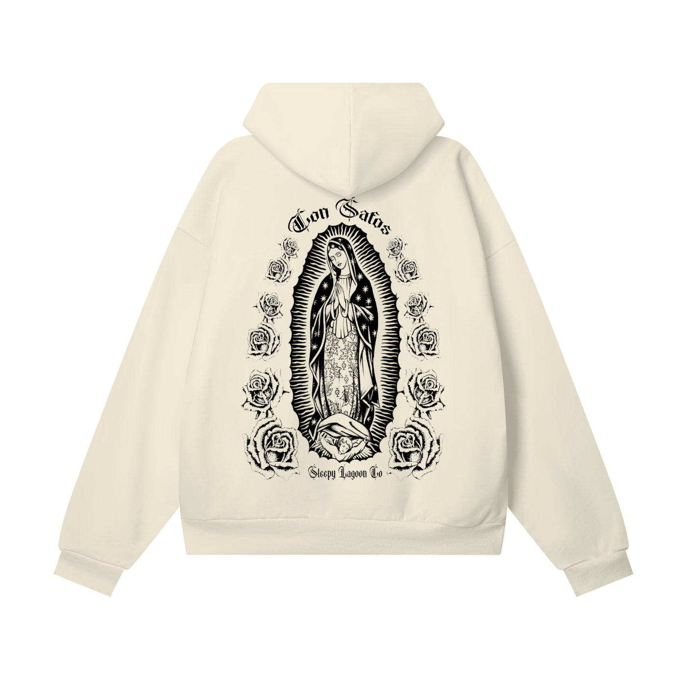Beige chicano style hoodie with black graphic of cross and virgin mary, 'Califas' text on a white background-premium chicano clothing by sleepy lagoon co.