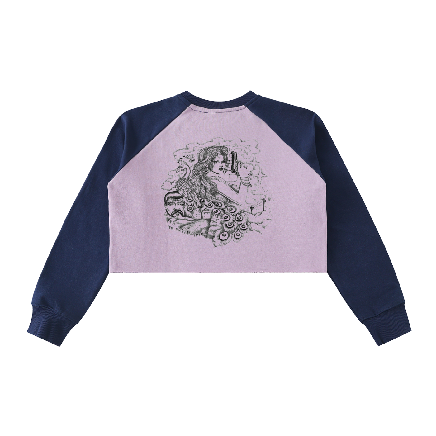 Califas womens crop top sweater block colors purple payasa smile now cry later on front hand drawn chicana women on back - premium chicano clothing by sleepy lagoon co