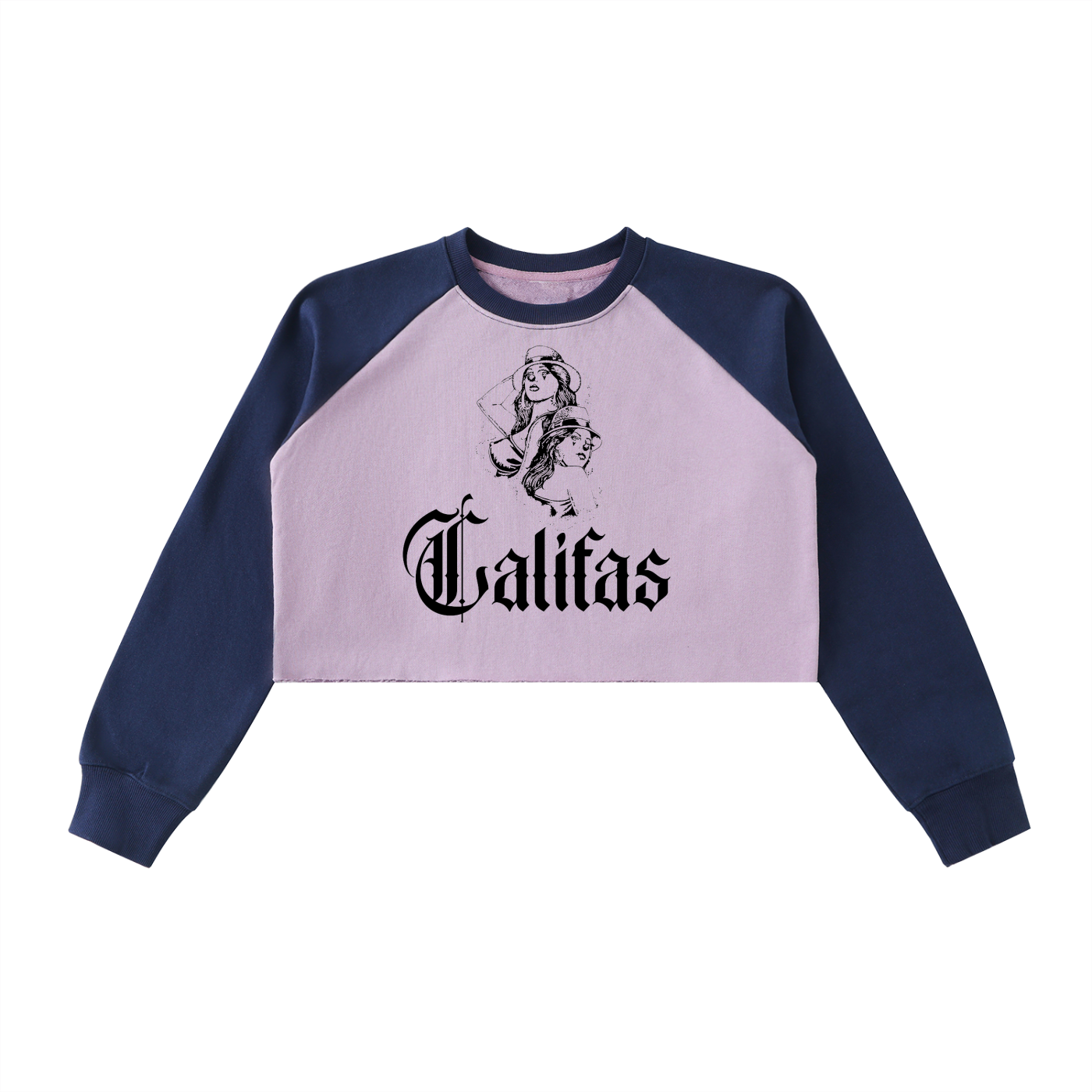 Califas womens crop top sweater block colors purple payasa smile now cry later on front hand drawn chicana women on back - premium chicano clothing by sleepy lagoon co