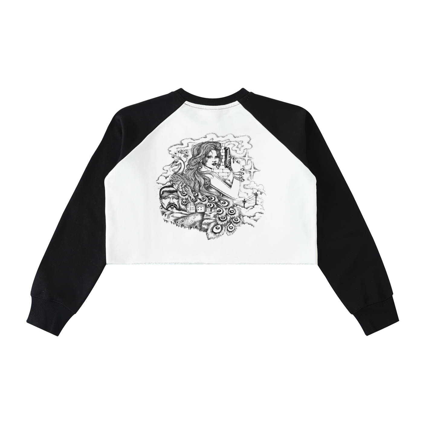 Califas womens crop top sweater block colors white-black payasa smile now cry later on front hand drawn chicana women on back - premium chicano clothing by sleepy lagoon co