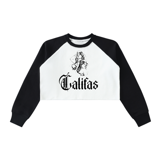 Califas womens crop top sweater block colors payasa smile now cry later on front hand drawn chicana women on back - premium chicano clothing by sleepy lagoon co