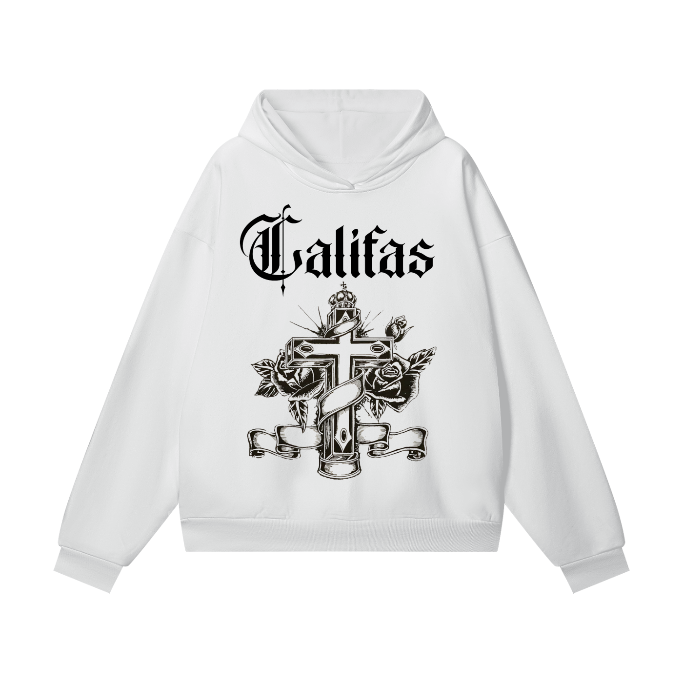 White chicano style hoodie with black graphic of cross and virgin mary, 'Califas' text on a white background-premium chicano clothing by sleepy lagoon co.