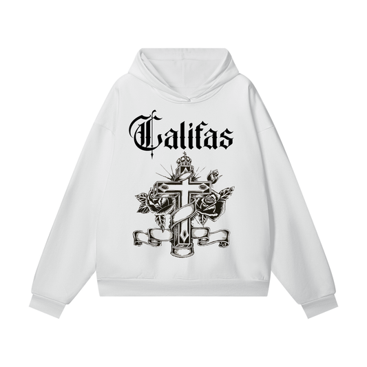 White chicano style hoodie with black graphic of cross and virgin mary, 'Califas' text on a white background-premium chicano clothing by sleepy lagoon co.