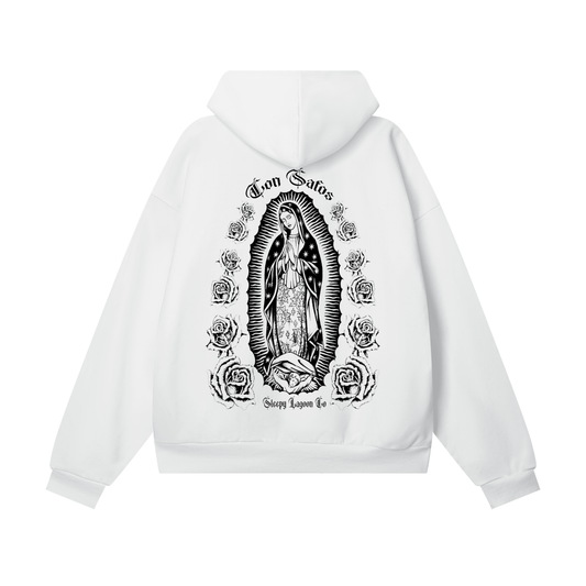 White chicano style hoodie with black graphic of cross and virgin mary, 'Califas' text on a white background-premium chicano clothing by sleepy lagoon co.
