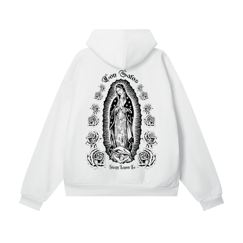 White chicano style hoodie with black graphic of cross and virgin mary, 'Califas' text on a white background-premium chicano clothing by sleepy lagoon co.