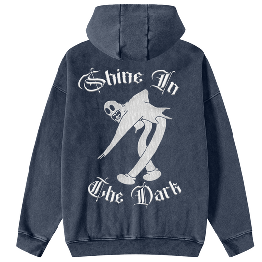 Blue stone washed zipper hoodie featuring iconic chicano culture graphics, smile now cry later, Califas, cholita, and virgin mary. premium chicano clothing lowrider style streetwear