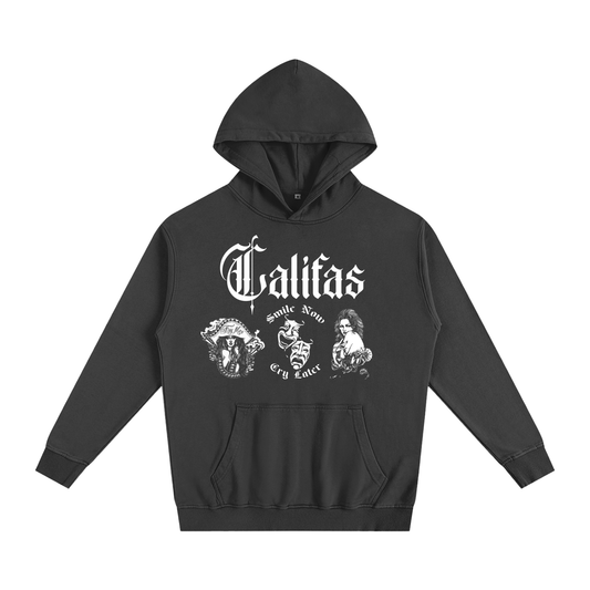 Black premium Chicano clothing hoodie with white Mexican-American designs and Califas on Front