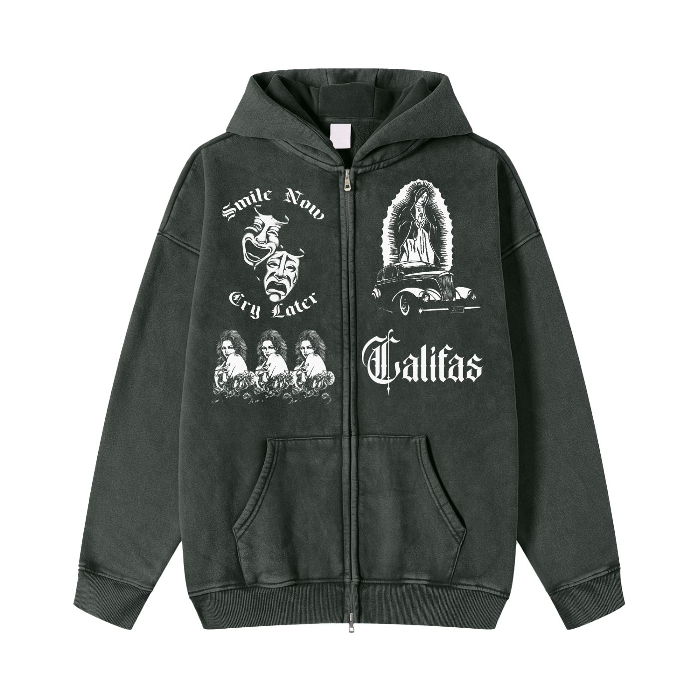 Black stone washed zipper hoodie featuring iconic chicano culture graphics, smile now cry later, Califas, cholita, and virgin mary. premium chicano clothing lowrider style streetwear