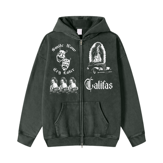 Black stone washed zipper hoodie featuring iconic chicano culture graphics, smile now cry later, Califas, cholita, and virgin mary. premium chicano clothing lowrider style streetwear