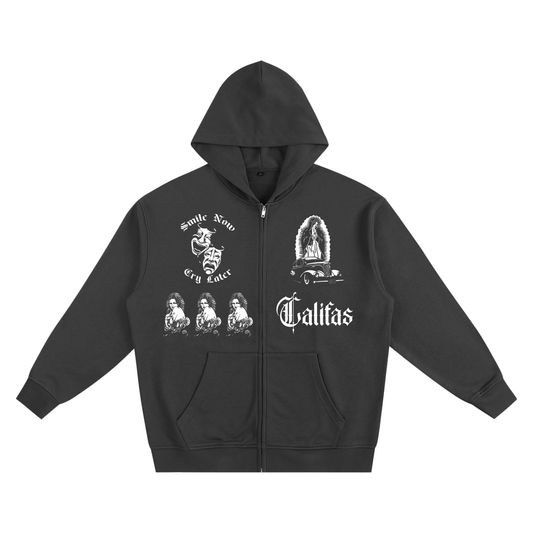 Black hoodie with chicano art graphics and Shine in the dark on back in old english letter fonts- premium chicano fashion & lowrider style streetwear