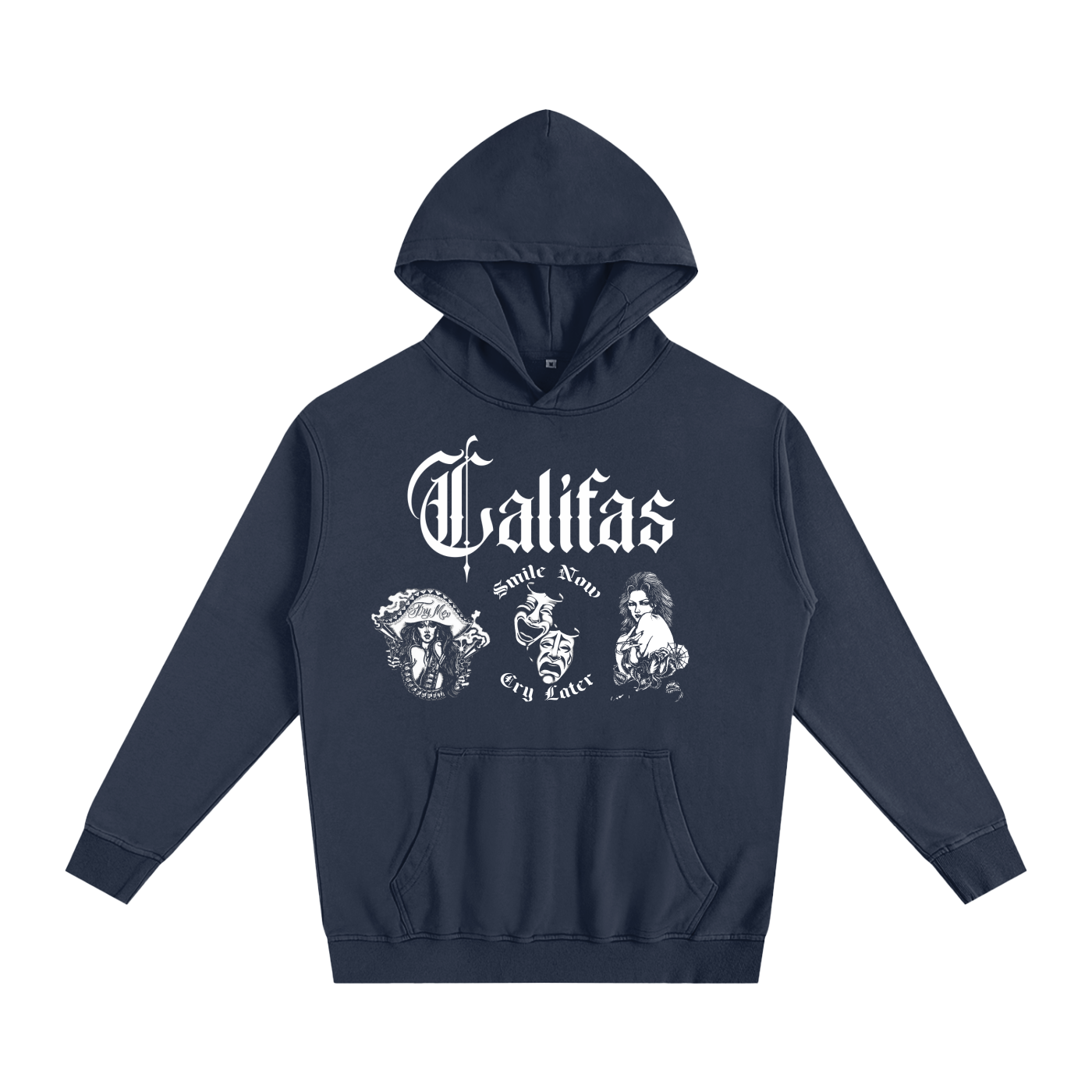blue premium Chicano clothing hoodie with white Mexican-American designs and Califas on Front