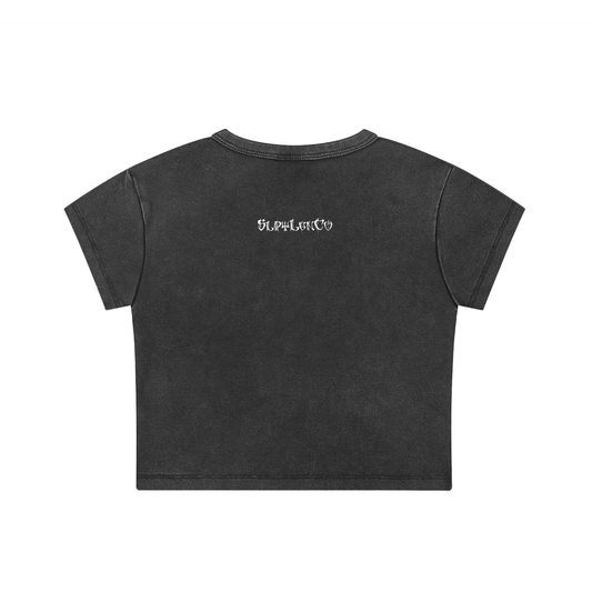 chicano clothing crop top stone wash hand drawn chola/chicana on front premium chicano clothing streetwear