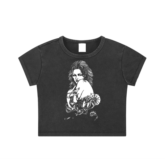 chicano clothing crop top stone wash hand drawn chola/chicana on front premium chicano clothing streetwear