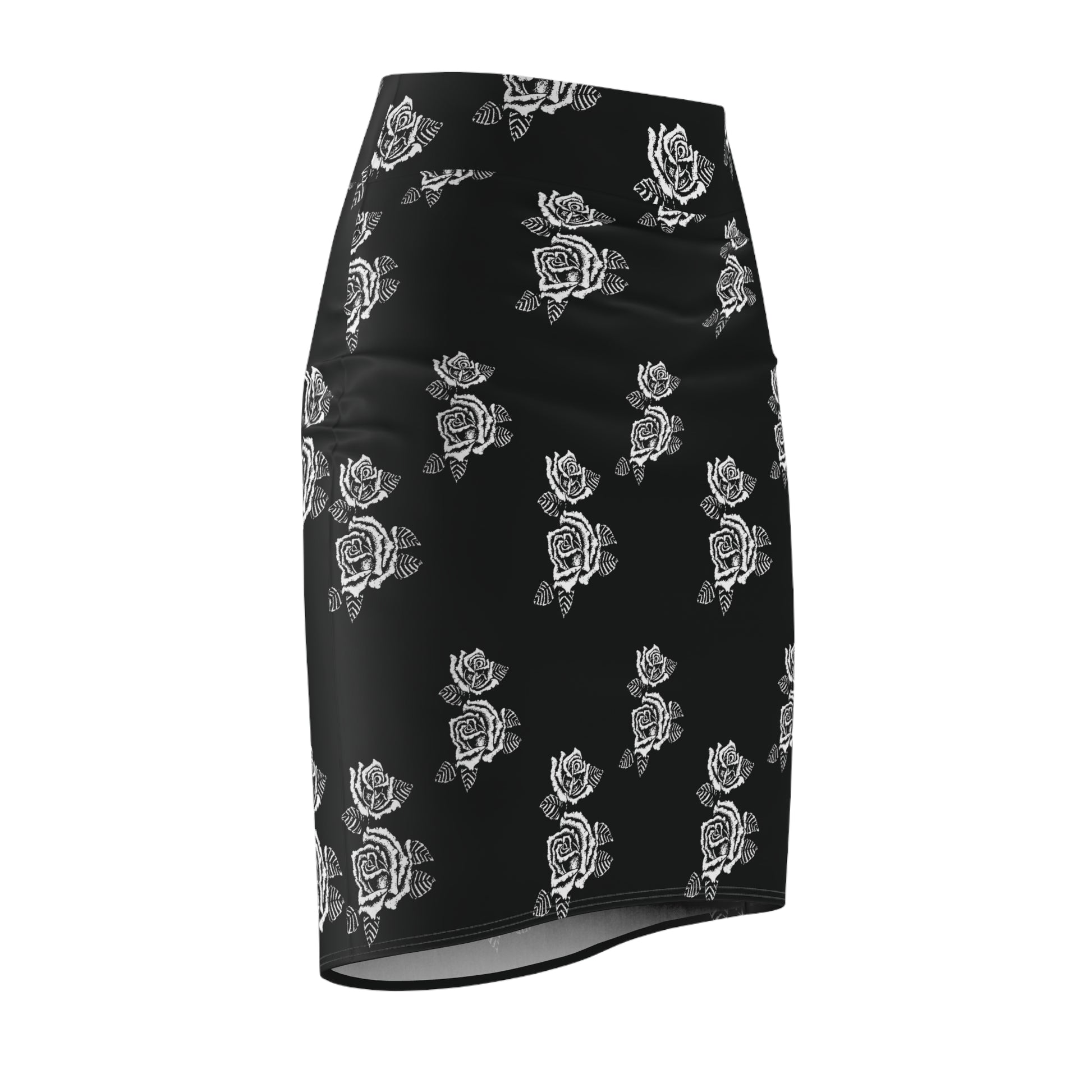 Chola Pencil Skirt with a hand drawn chicano inspired floral print, perfect for any chola style, chola outfits, and premium Chicano fashion. black