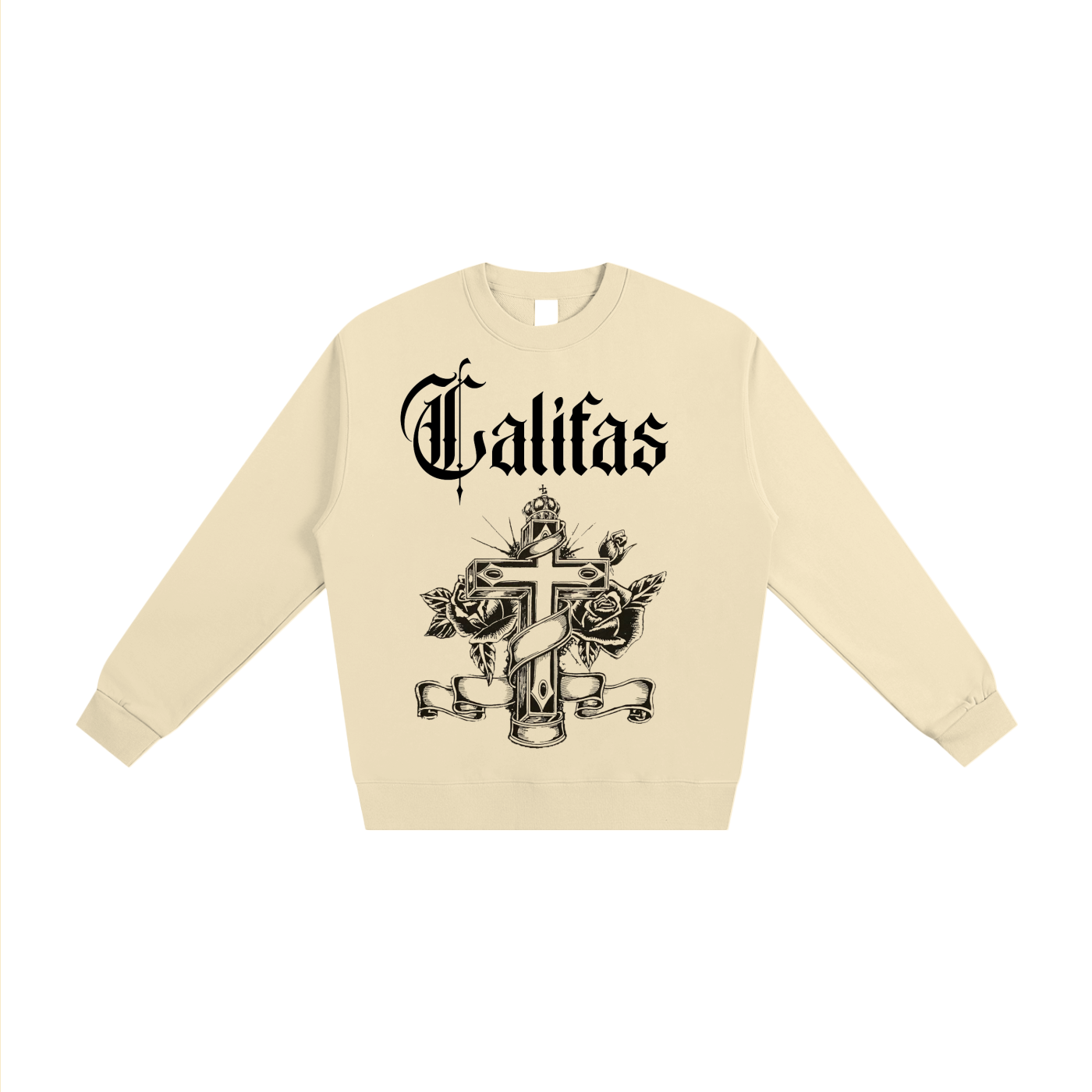 con safos califas heavyweight crewneck white premium chicano clothing virgin mary on back and hand drawn cross on front beige- premium chicano clothing by sleepy lagoon co