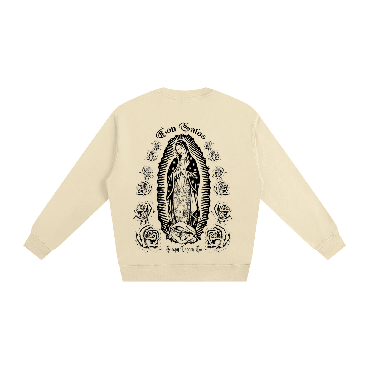 con safos califas heavyweight crewneck white premium chicano clothing virgin mary on back and hand drawn cross on front beige- premium chicano clothing by sleepy lagoon co