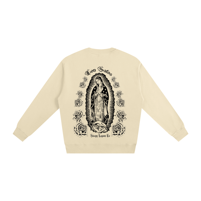 con safos califas heavyweight crewneck white premium chicano clothing virgin mary on back and hand drawn cross on front beige- premium chicano clothing by sleepy lagoon co