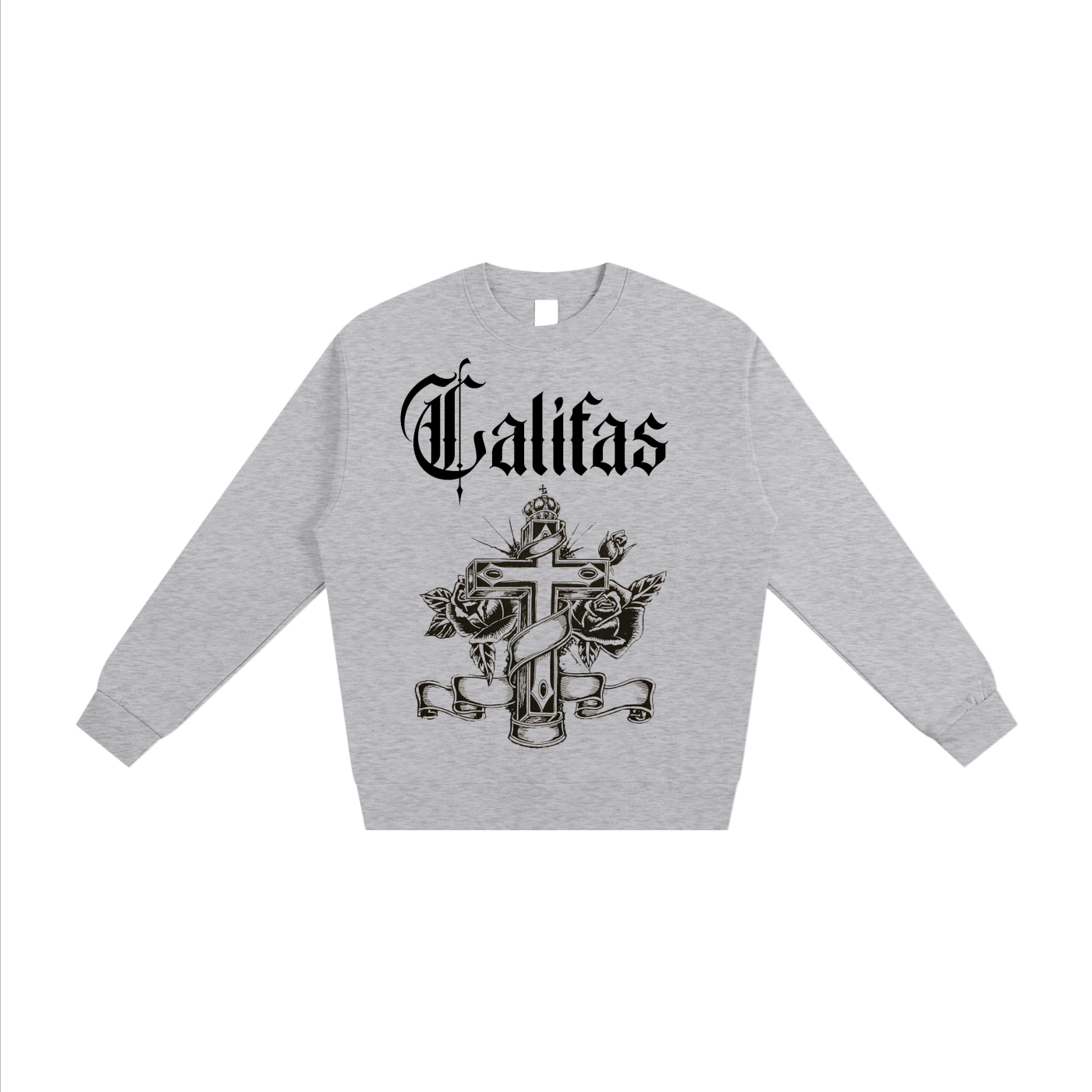 con safos califas heavyweight crewneck white premium chicano clothing virgin mary on back and hand drawn cross on front gray- premium chicano clothing by sleepy lagoon co