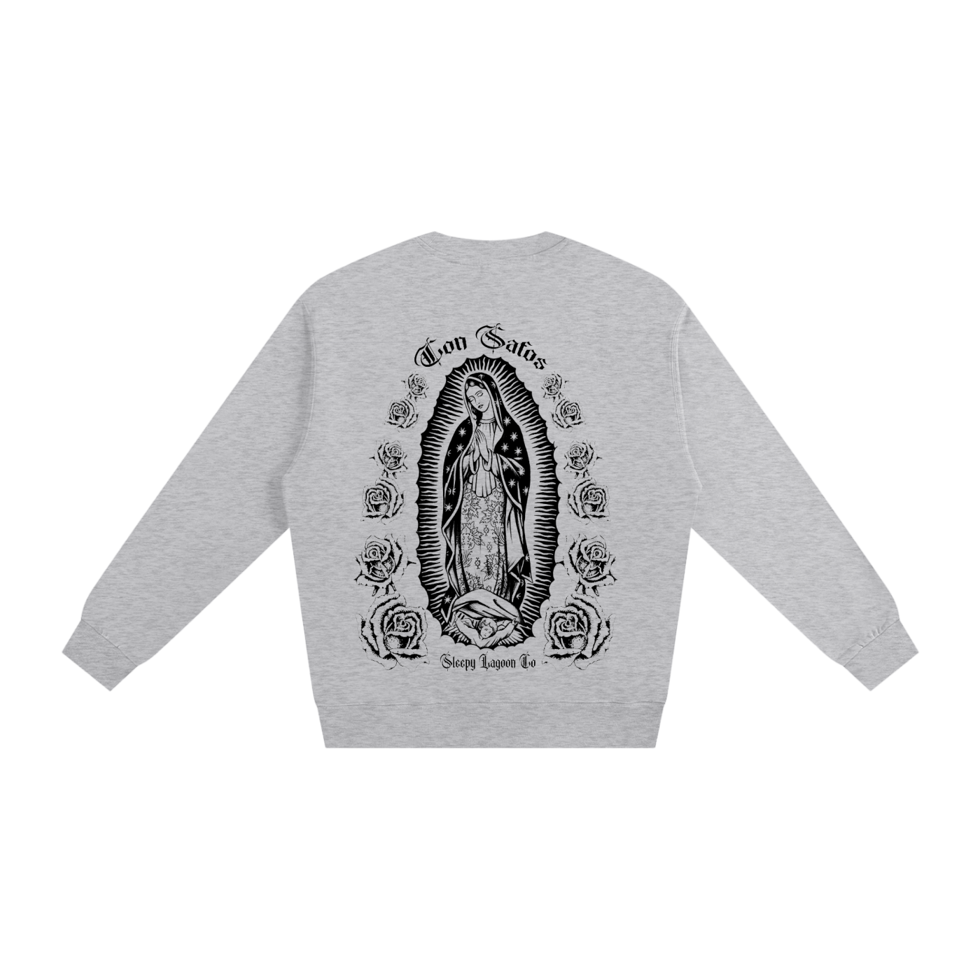 con safos califas heavyweight crewneck white premium chicano clothing virgin mary on back and hand drawn cross on front gray- premium chicano clothing by sleepy lagoon co