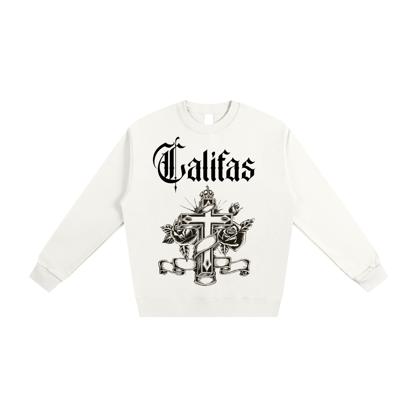 con safos califas heavyweight crewneck white premium chicano clothing virgin mary on back and hand drawn cross on front white- premium chicano clothing by sleepy lagoon co