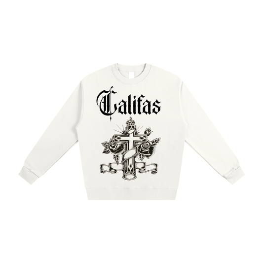 con safos califas heavyweight crewneck white premium chicano clothing virgin mary on back and hand drawn cross on front white- premium chicano clothing by sleepy lagoon co