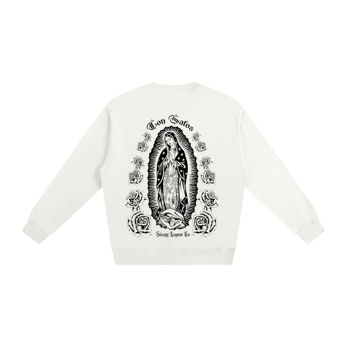 con safos califas heavyweight crewneck white premium chicano clothing virgin mary on back and hand drawn cross on front white- premium chicano clothing by sleepy lagoon co