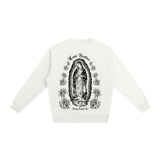 con safos califas heavyweight crewneck white premium chicano clothing virgin mary on back and hand drawn cross on front white- premium chicano clothing by sleepy lagoon co