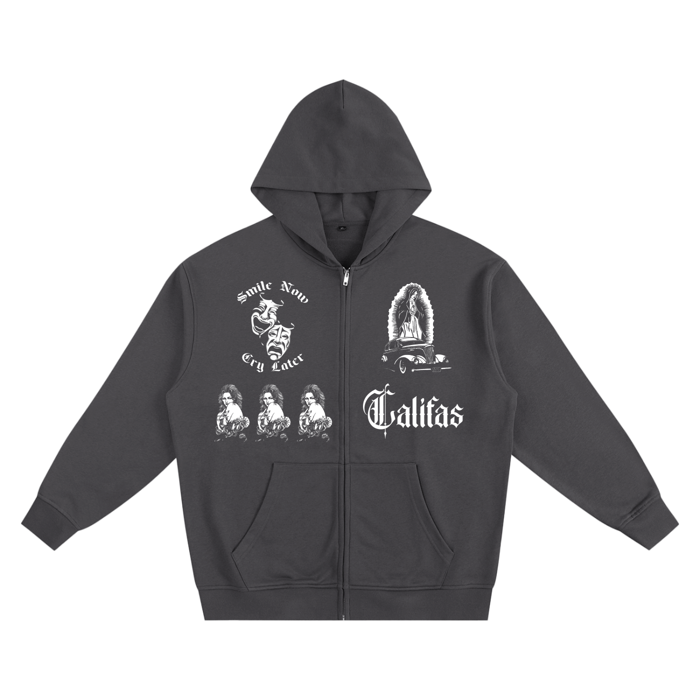 Gray hoodie with chicano art graphics and Shine in the dark on back in old english letter fonts- premium chicano fashion & lowrider style streetwear