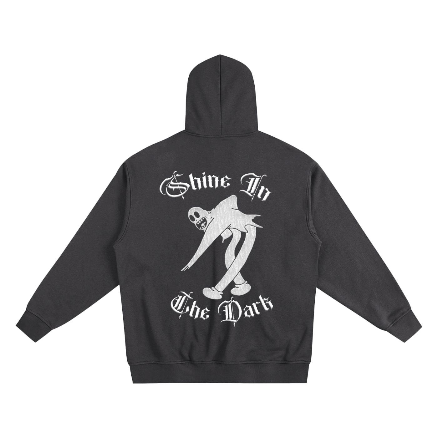 Black hoodie with chicano art graphics and Shine in the dark on back in old english letter fonts- premium chicano fashion & lowrider style streetwear