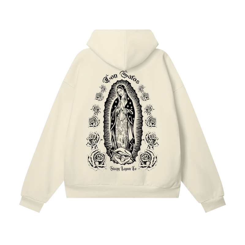 Beige chicano style hoodie with black graphic of cross and virgin mary, 'Califas' text on a white background-premium chicano clothing by sleepy lagoon co.
