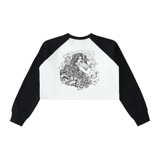 Califas womens crop top sweater block colors white-black payasa smile now cry later on front hand drawn chicana women on back - premium chicano clothing by sleepy lagoon co