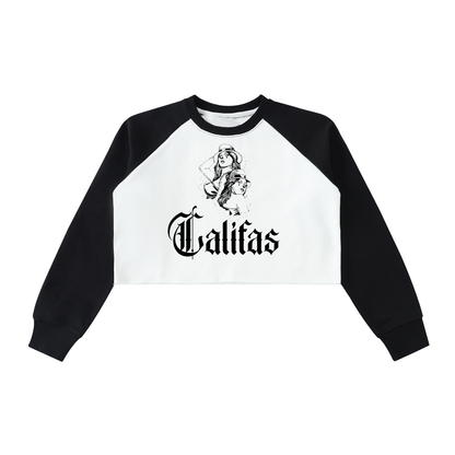 Califas womens crop top sweater block colors payasa smile now cry later on front hand drawn chicana women on back - premium chicano clothing by sleepy lagoon co