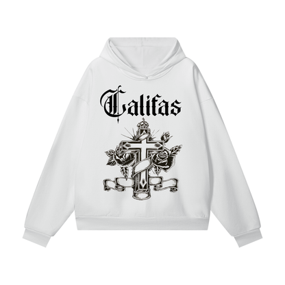 White chicano style hoodie with black graphic of cross and virgin mary, 'Califas' text on a white background-premium chicano clothing by sleepy lagoon co.