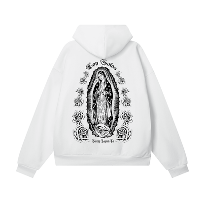 White chicano style hoodie with black graphic of cross and virgin mary, 'Califas' text on a white background-premium chicano clothing by sleepy lagoon co.