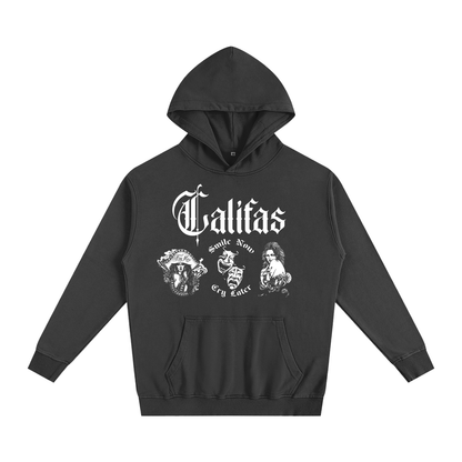 Black premium Chicano clothing hoodie with white Mexican-American designs and Califas on Front 