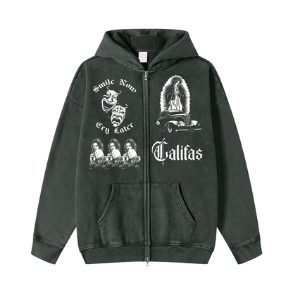 Black stone washed zipper hoodie featuring iconic chicano culture graphics, smile now cry later, Califas, cholita, and virgin mary. premium chicano clothing lowrider style streetwear
