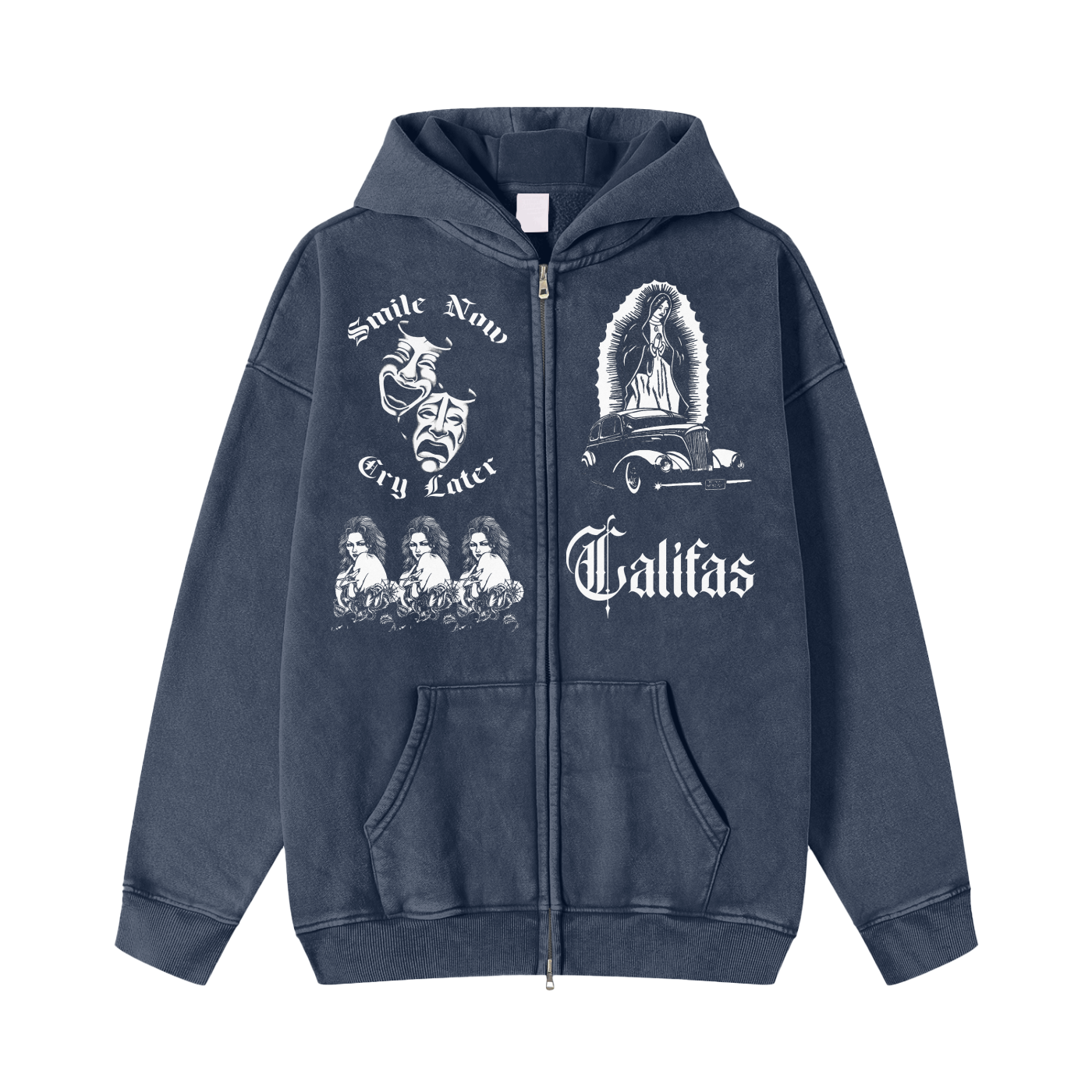 Blue stone washed zipper hoodie featuring iconic chicano culture graphics, smile now cry later, Califas, cholita, and virgin mary. premium chicano clothing lowrider style streetwear