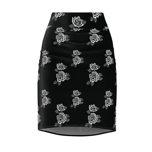 Chola Pencil Skirt with a hand drawn chicano inspired floral print, perfect for any chola style, chola outfits, and premium Chicano fashion. black