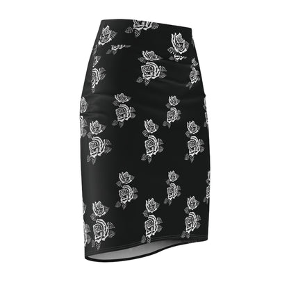 Chola Pencil Skirt with a hand drawn chicano inspired floral print, perfect for any chola style, chola outfits, and premium Chicano fashion. black