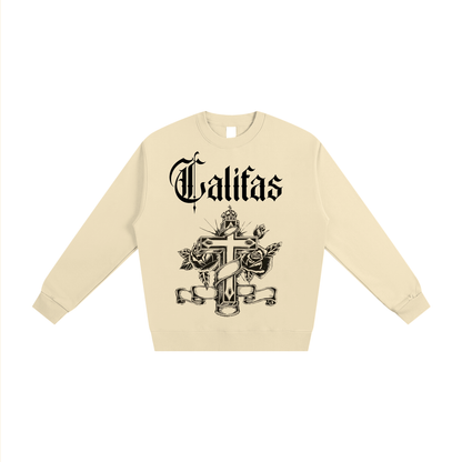 con safos califas heavyweight crewneck white premium chicano clothing virgin mary on back and hand drawn cross on front beige- premium chicano clothing by sleepy lagoon co