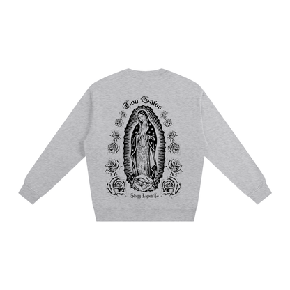 con safos califas heavyweight crewneck white premium chicano clothing virgin mary on back and hand drawn cross on front gray- premium chicano clothing by sleepy lagoon co