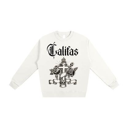 con safos califas heavyweight crewneck white premium chicano clothing virgin mary on back and hand drawn cross on front white- premium chicano clothing by sleepy lagoon co